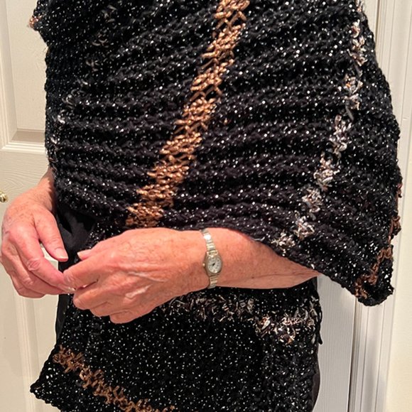 Homemade Dressy Knitted Black Wrap with Copper and Silver Strips - Picture 1 of 3